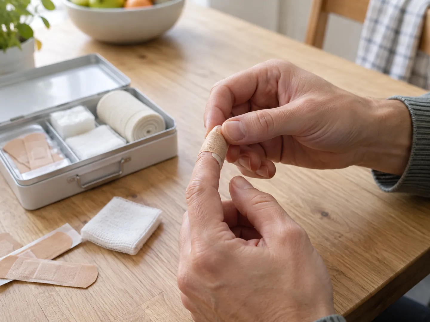 Hands placing a fabric plaster on a fingertip next to a small open first aid kit on a kitchen table